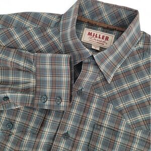 Miller Ranch Mens M Pearl Snap Western Shirt Plaid Cotton Brown Blue Rodeo